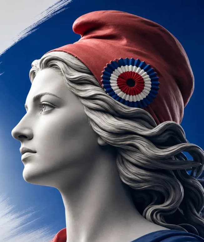 Marianne coiffée du bonnet phrygien et de la cocarde tricolore, sur fond bleu